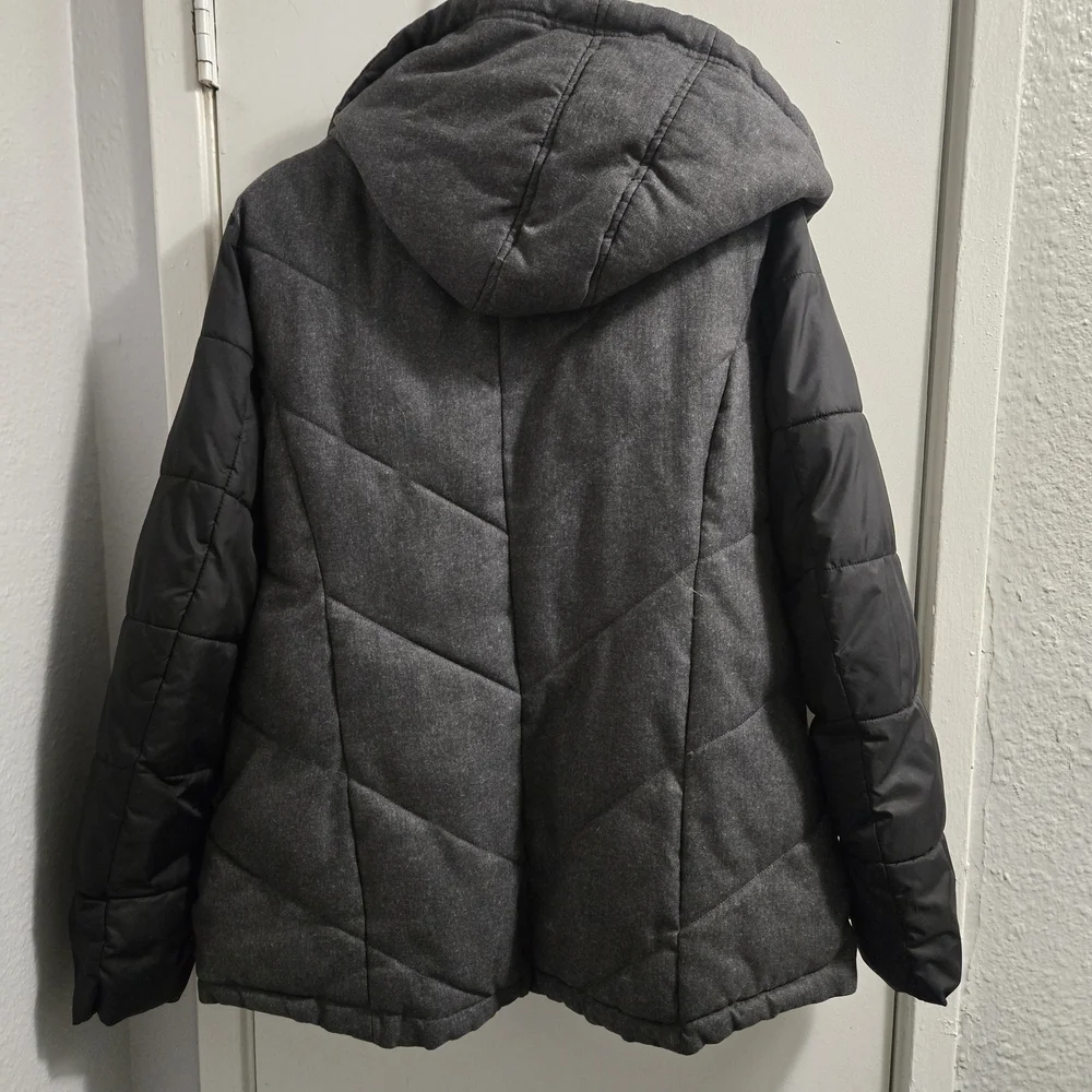 Metaphor Womens XL Puffer Jacket Gray Herringbone Mixed Media Quilted Hooded Par